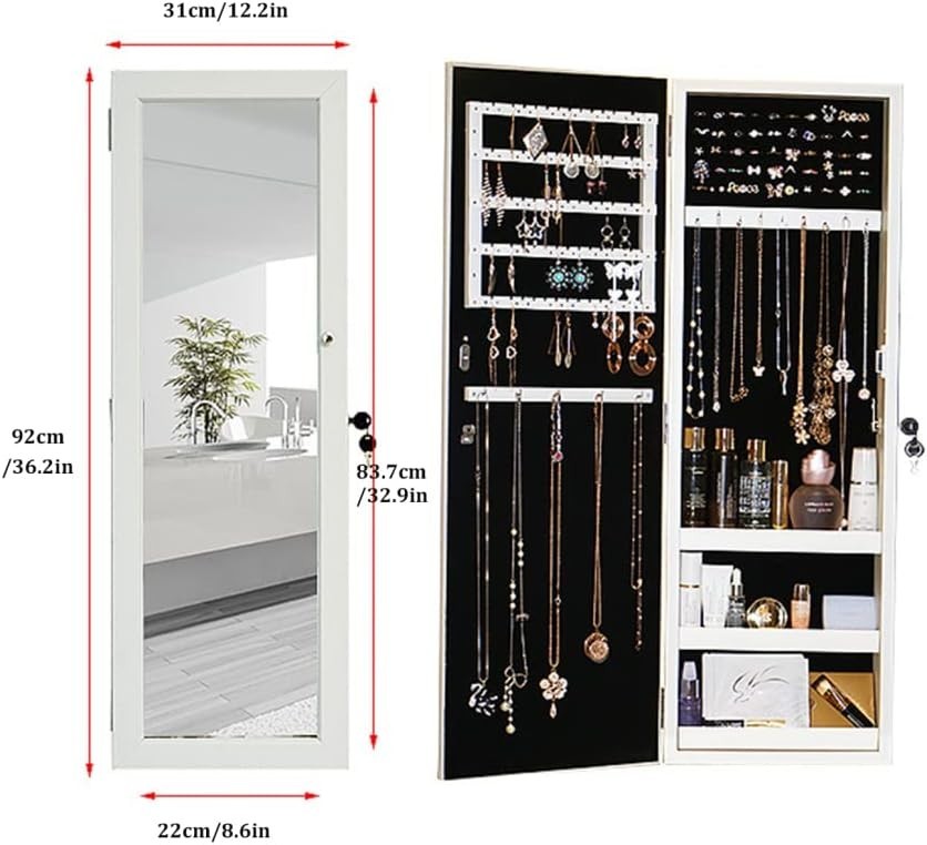 Wall Mounted Lockable Jewelry Armoire Mirror Large Storage Cabinet White