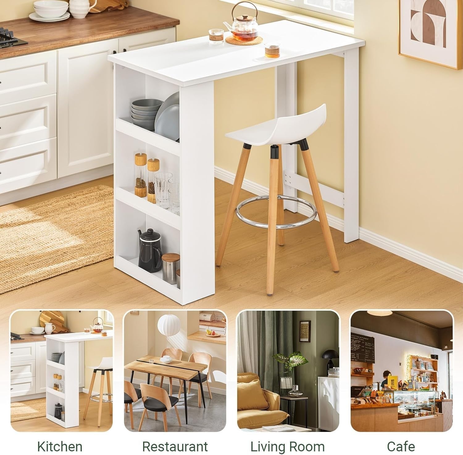 White Breakfast Bar Table with 3-Tier Storage Shelves Modern Dining Desk