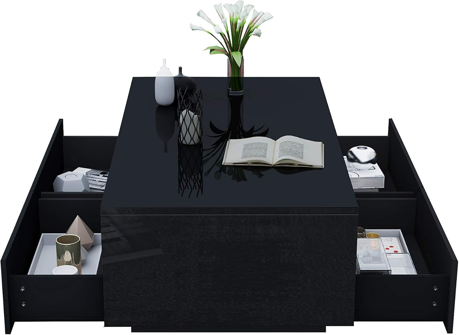 Black Gloss Coffee Table with 4 Drawers Storage Modern 85x55x35cm