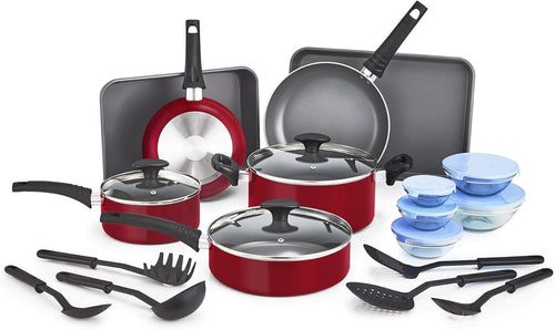 21Pcs Red Nonstick Cookware Set with Glass Lids Bakeware Utensils Bowls