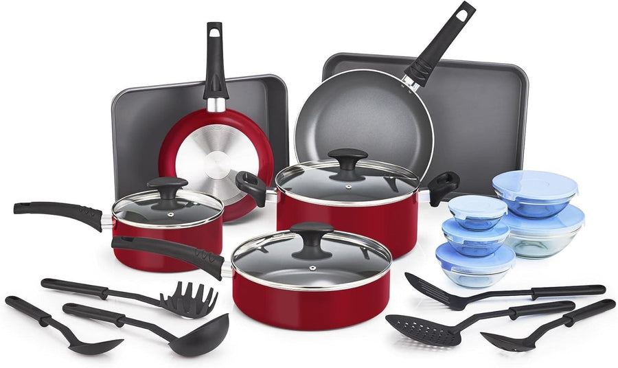21Pcs Red Nonstick Cookware Set with Glass Lids Bakeware Utensils Bowls