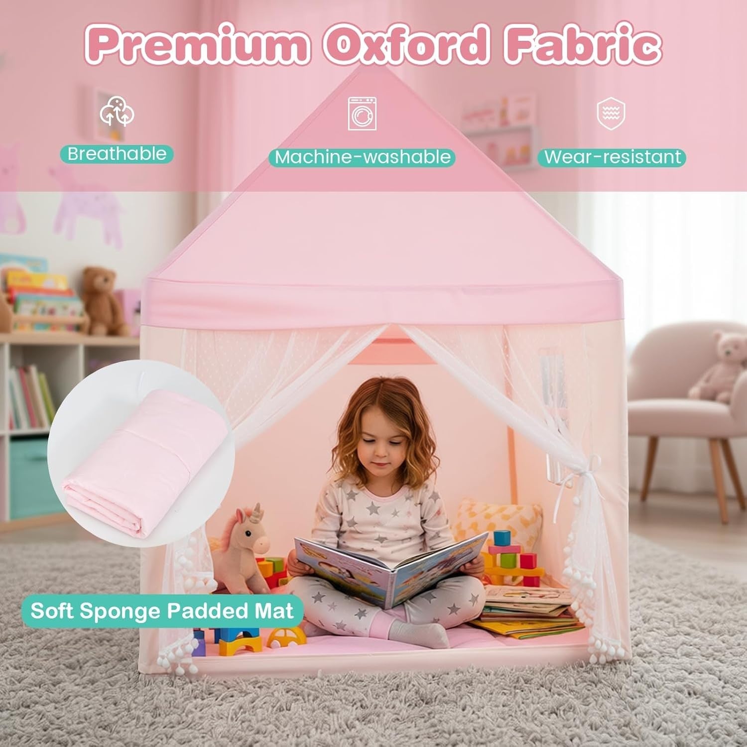 Pink Wooden Kids Play Tent Indoor Outdoor Fairy Playhouse w Mat