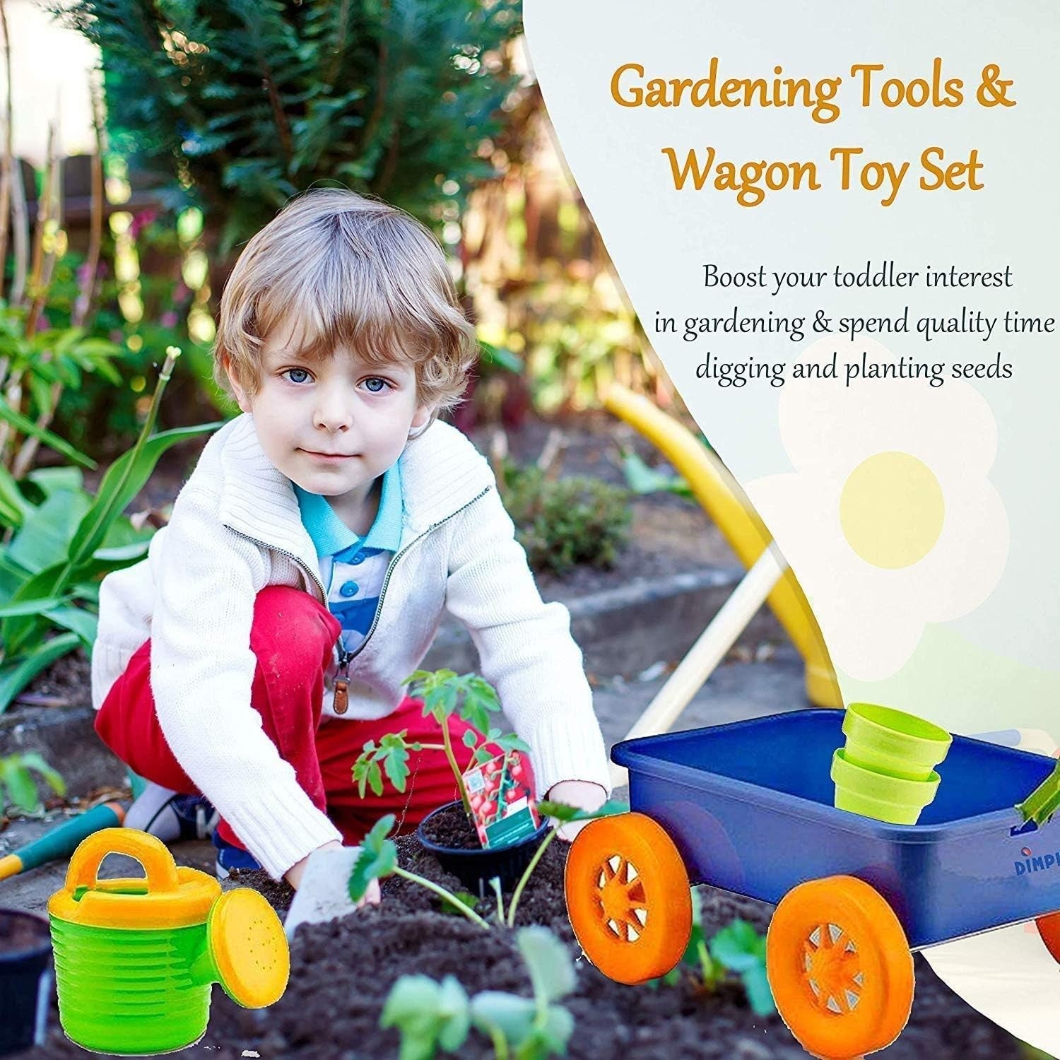60L 4-Wheel Kids Garden Wagon & Multicolour Toy Wheelbarrow with Tools Set