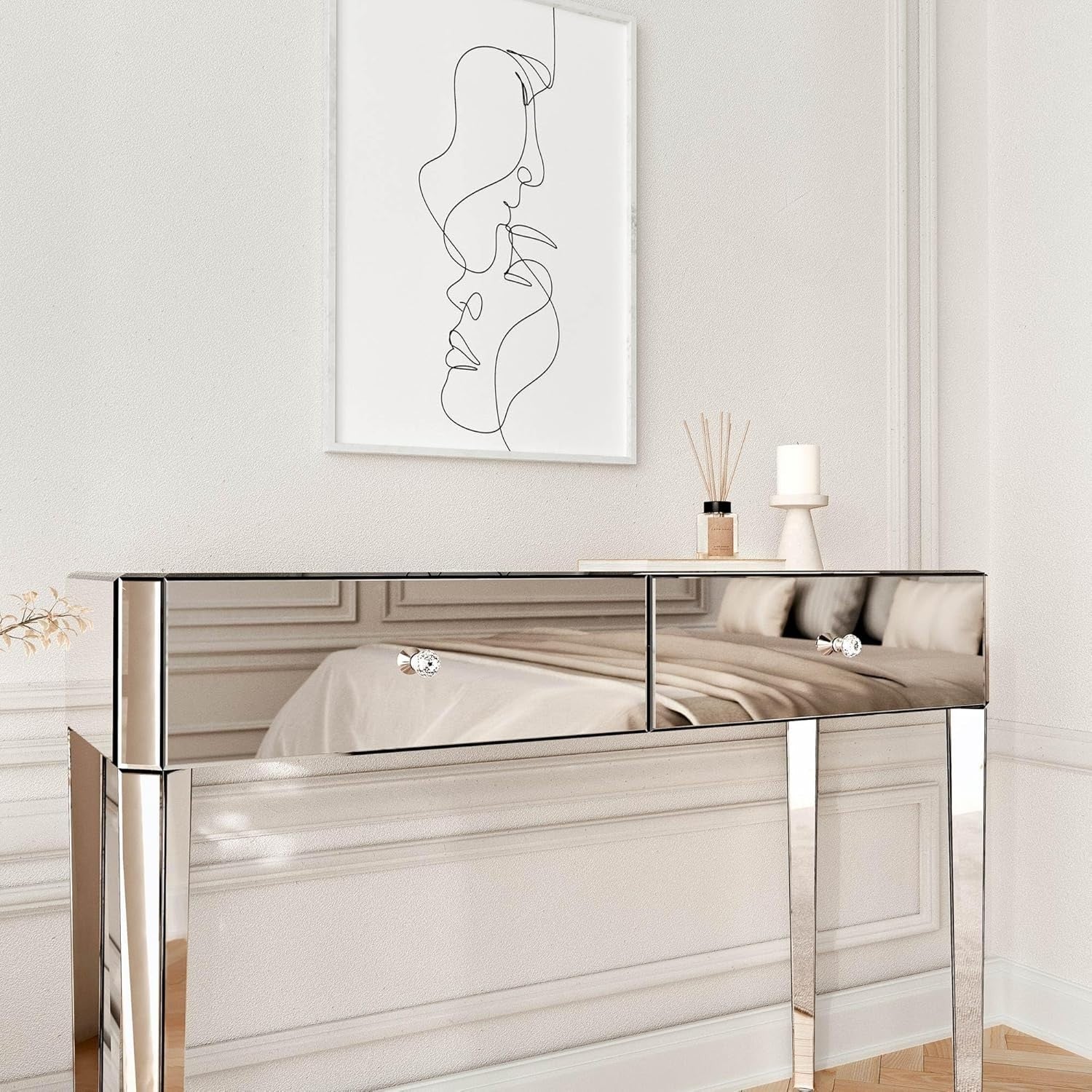 Silver Mirrored Dressing Table Vanity Desk 2 Drawers Glass Top Wood Modern