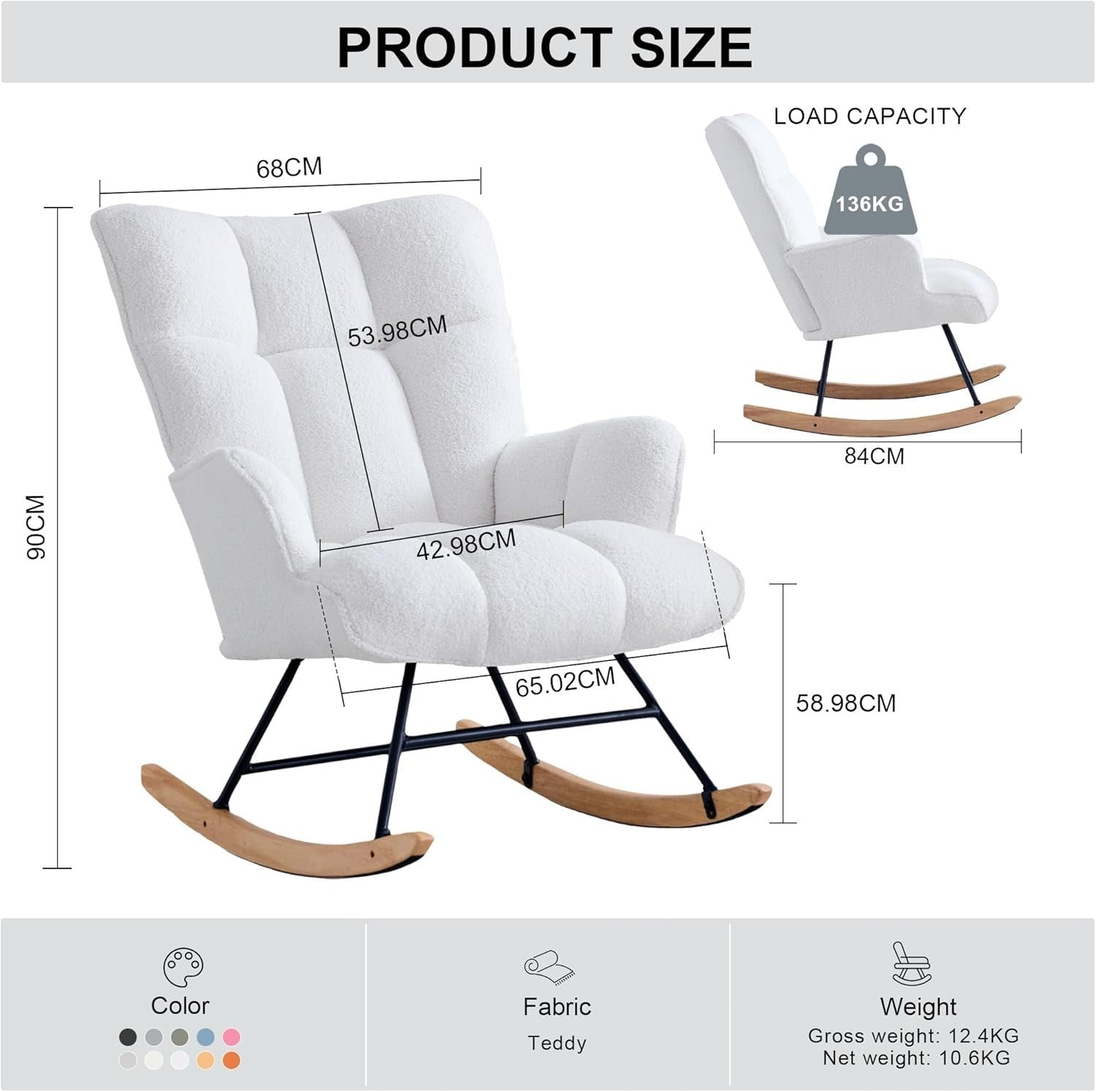 Rocking Chair Nursery Glider Comfy Armchair High Back Padded Seat White Teddy