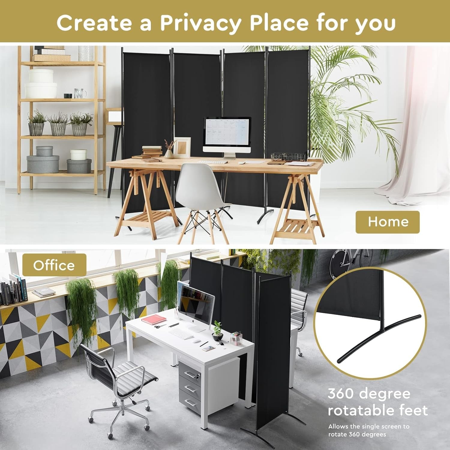 4 Panel Folding Room Divider Privacy Screen Freestanding Partition Wall Black