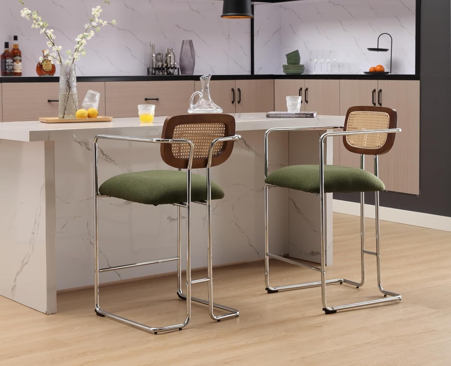 Bar Stools Set of 2 Green Linen Rattan Back Counter Chairs