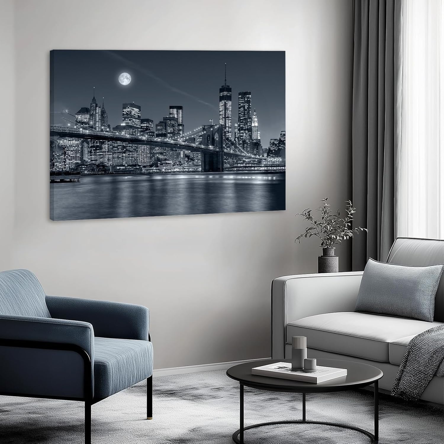 Black White Cityscape Canvas Wall Art Framed Modern Urban Night Decor