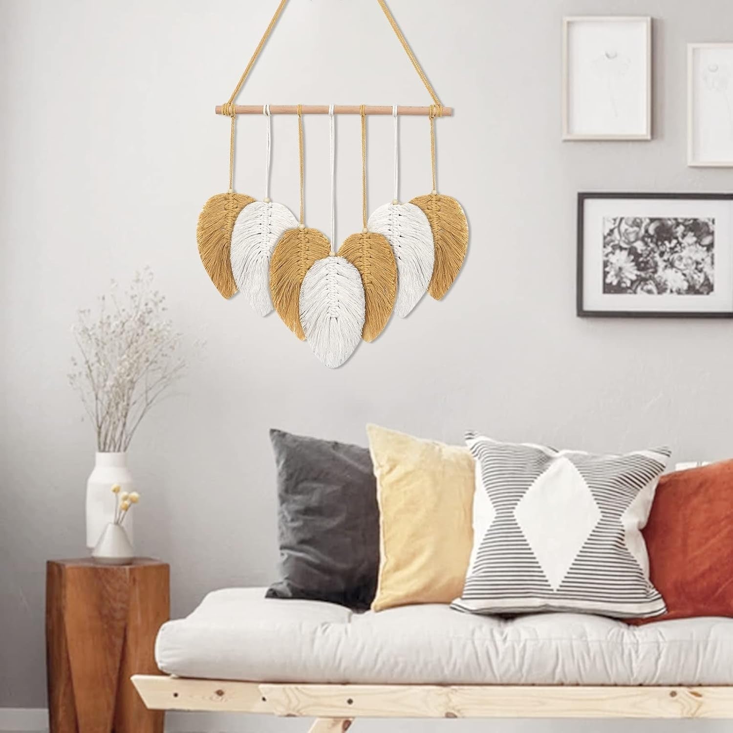 Yellow Macrame Wall Hanging Boho Leaf Feather Tapestry 40x45cm