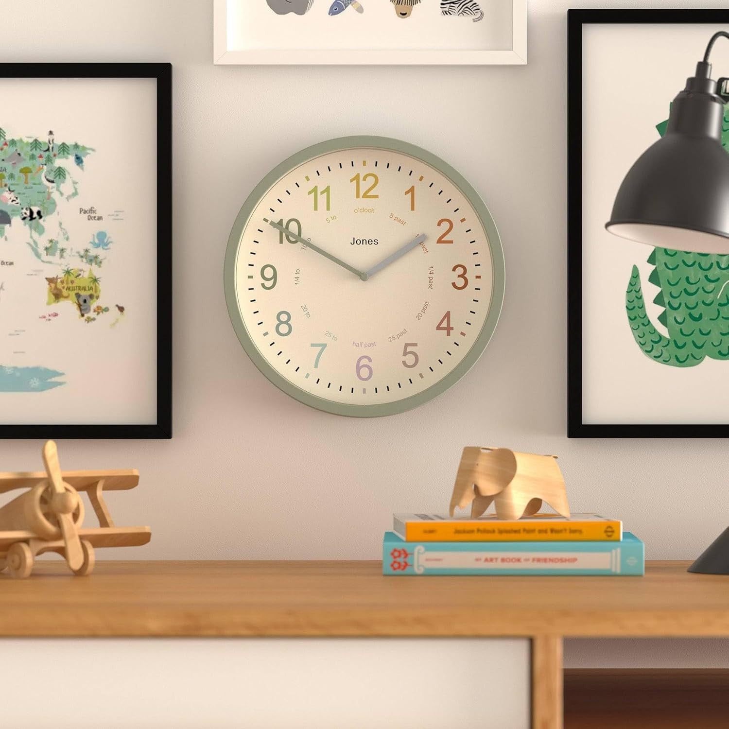 25cm Kids Wall Clock – Silent Non-Ticking Sage Green Colourful Numbers Learn Tim