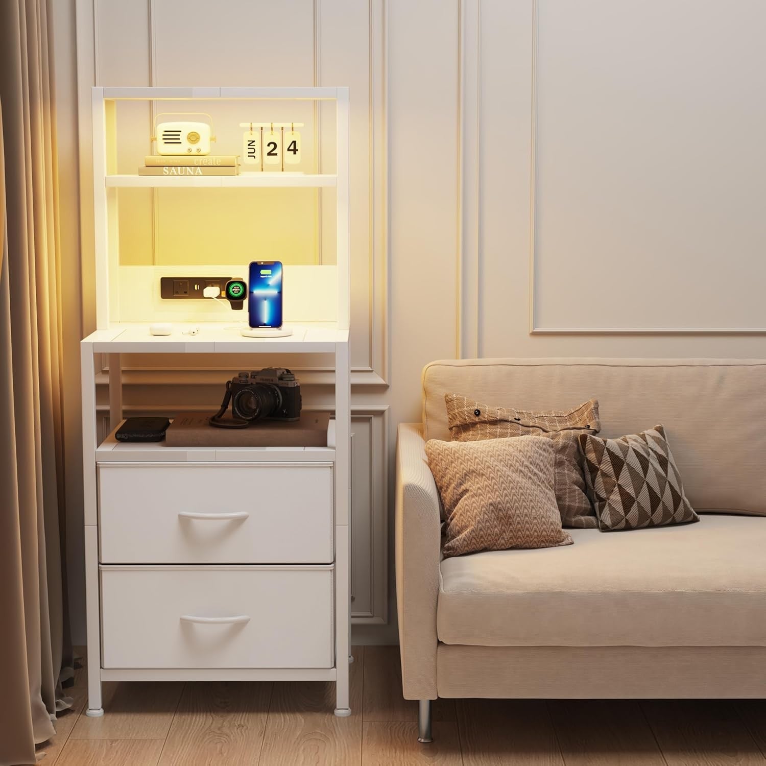 White LED Bedside Table with Charging Ports 2 Drawers Shelf Modern Nightstand
