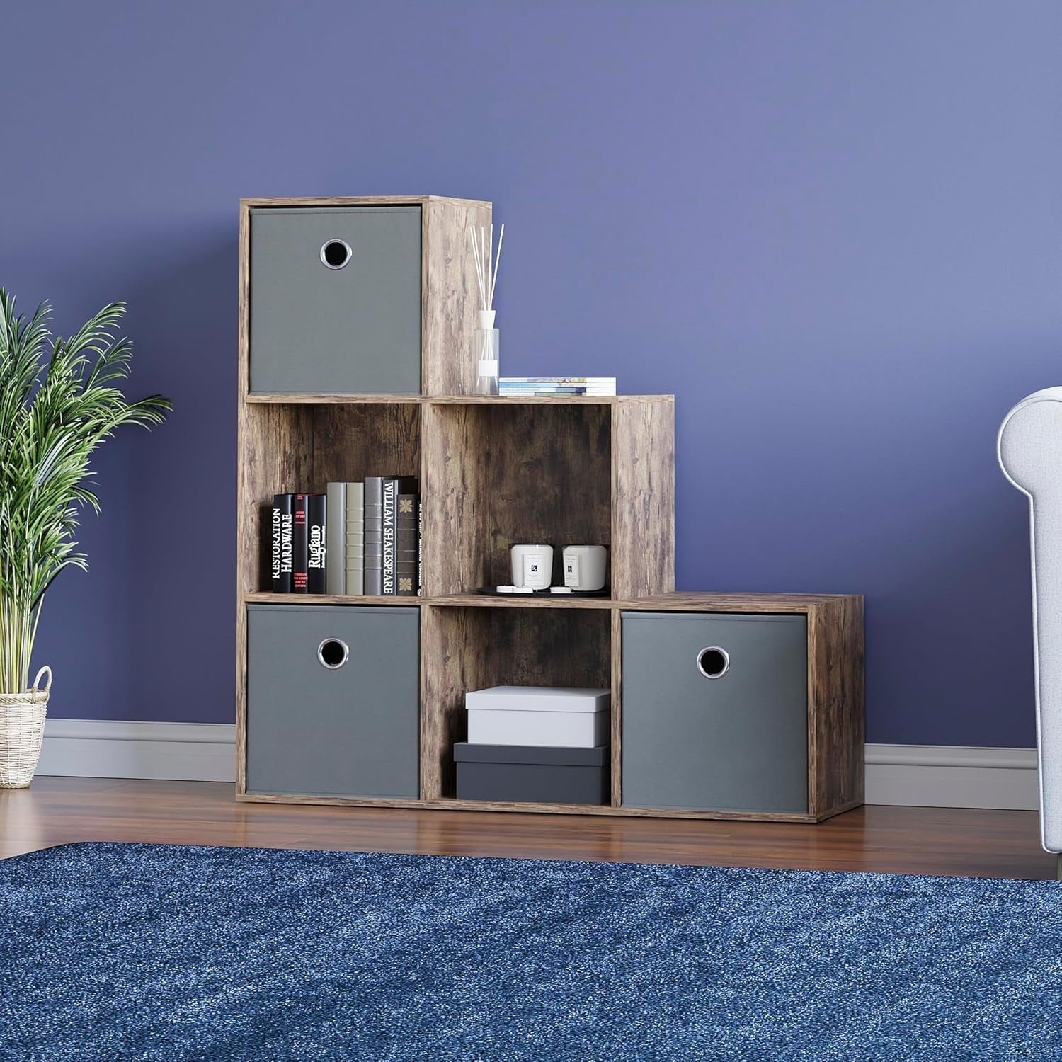 Dark Wood 6 Cube Staircase Bookcase with 3 Grey Baskets – Modern Storage Unit
