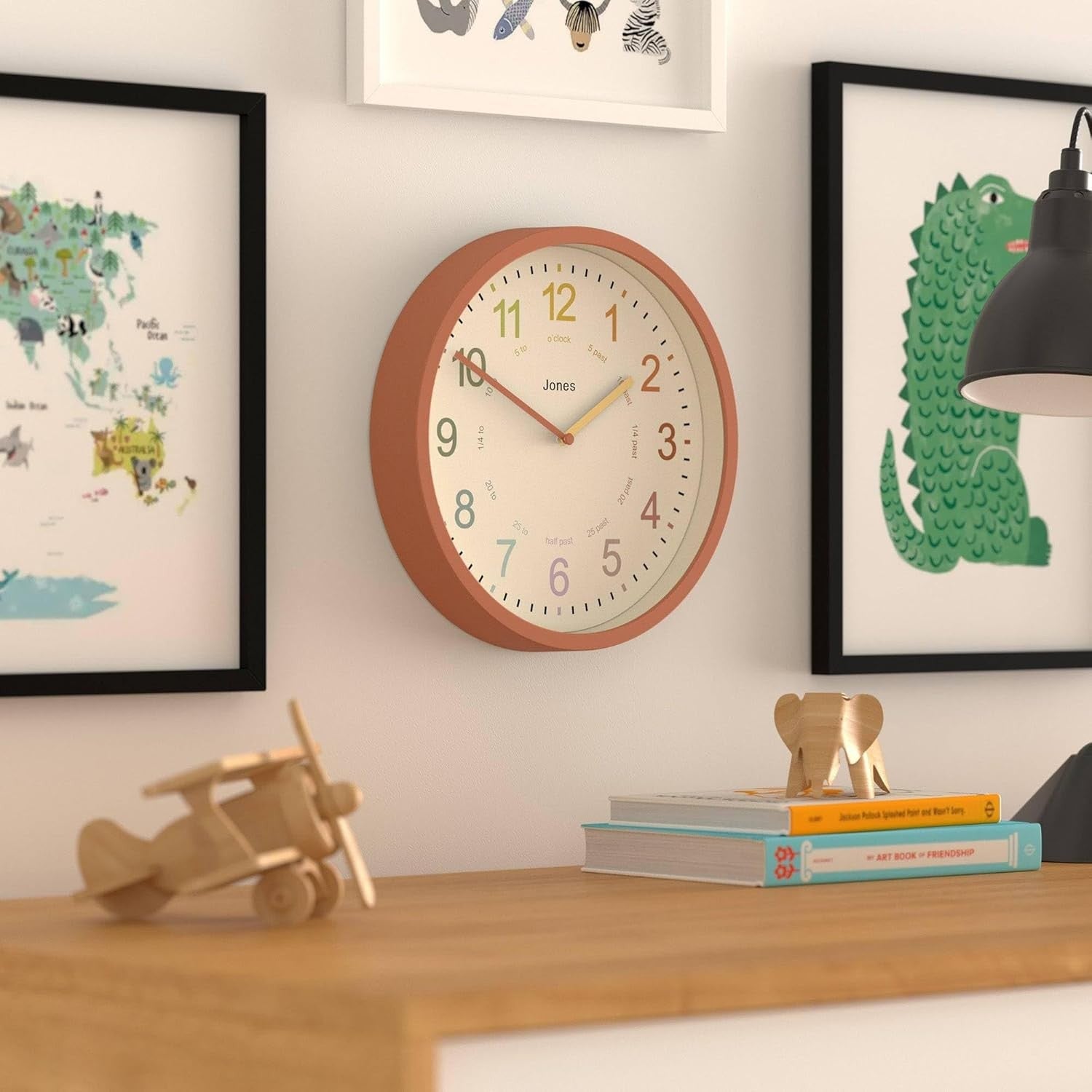 Modern Kids Wall Clock 25cm Silent Quartz Nursery Clock Terracotta Orange
