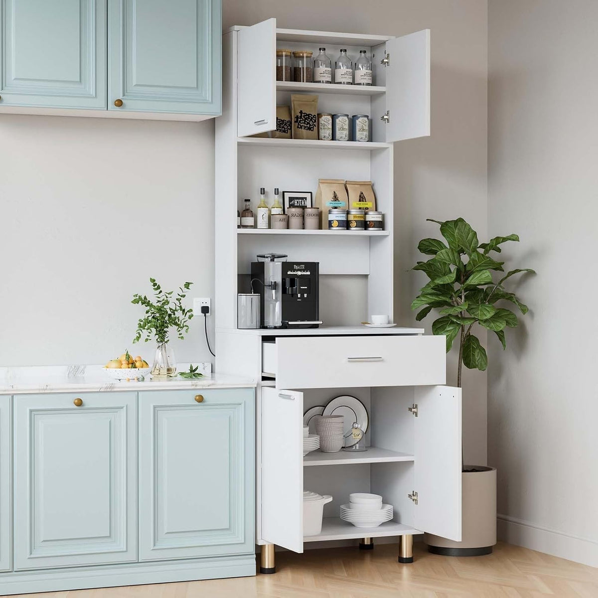White 180cm Tall Kitchen Cupboard 2 Doors 1 Drawer Storage Sideboard