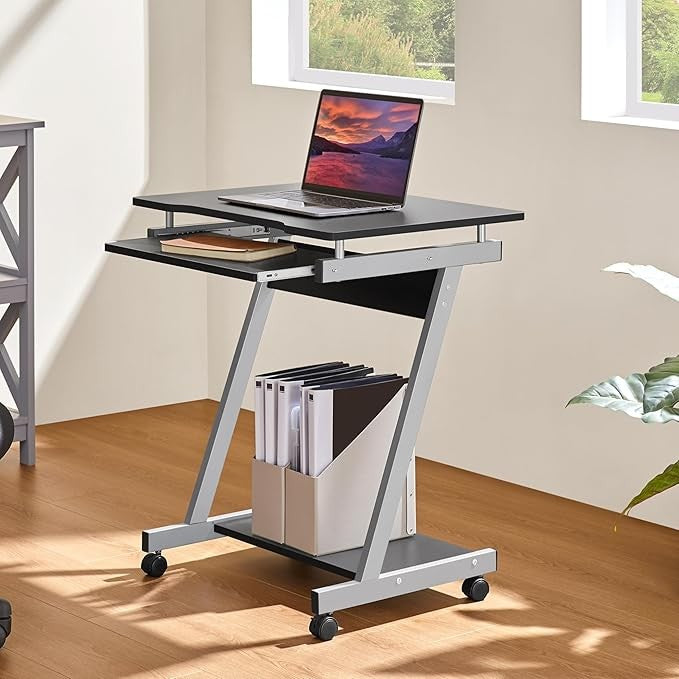 Mobile Laptop Desk on Wheels Z Shaped Small Computer Table with Keyboard Tray