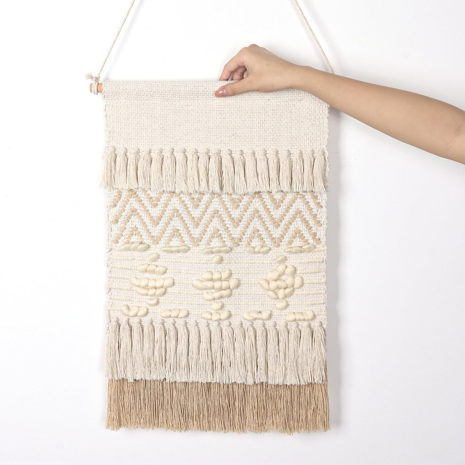 Boho Macrame Wall Hanging Beige Geometric Wave Wool Ball Tapestry