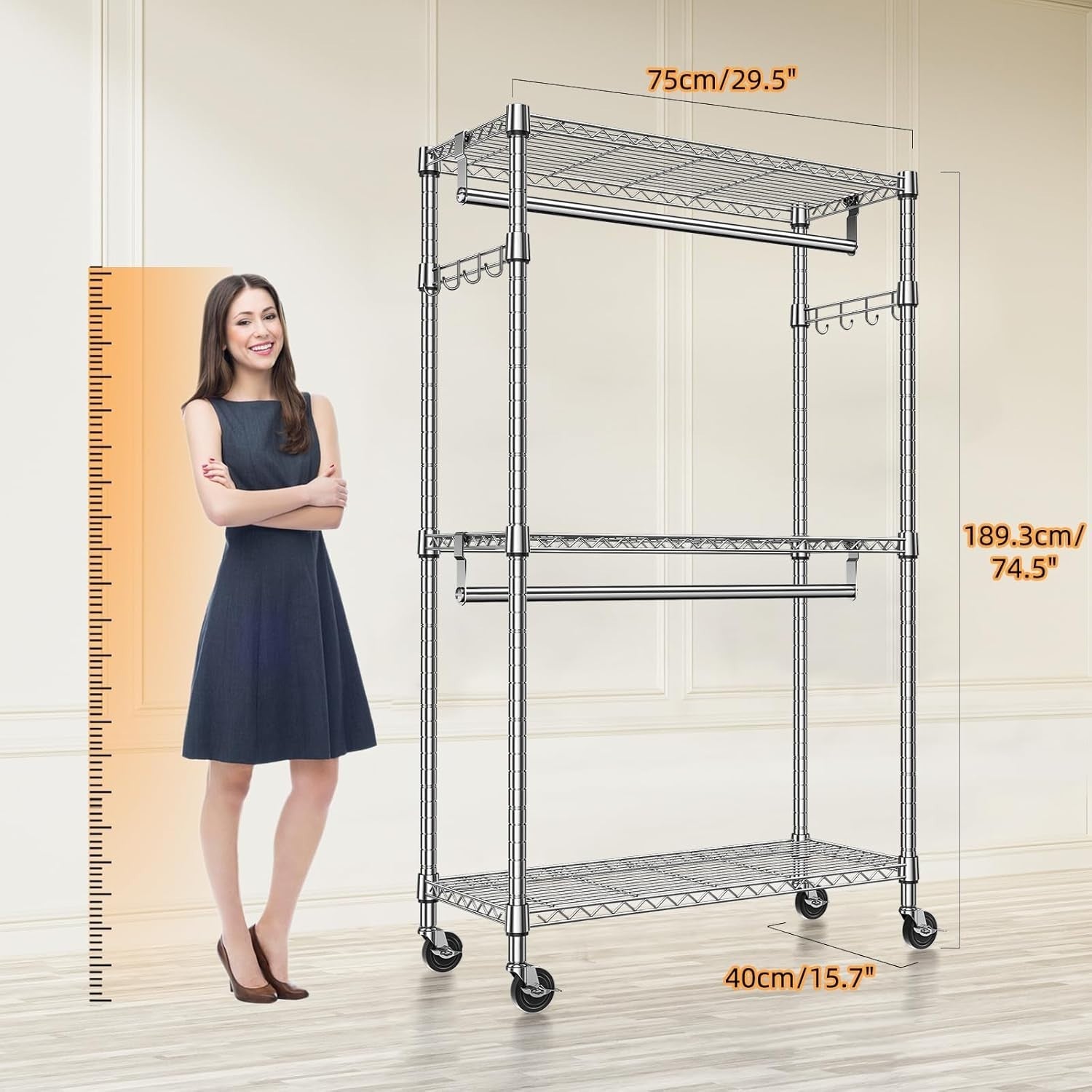 Heavy Duty 3-Tier Garment Rack with Wheels – Chrome 189cm