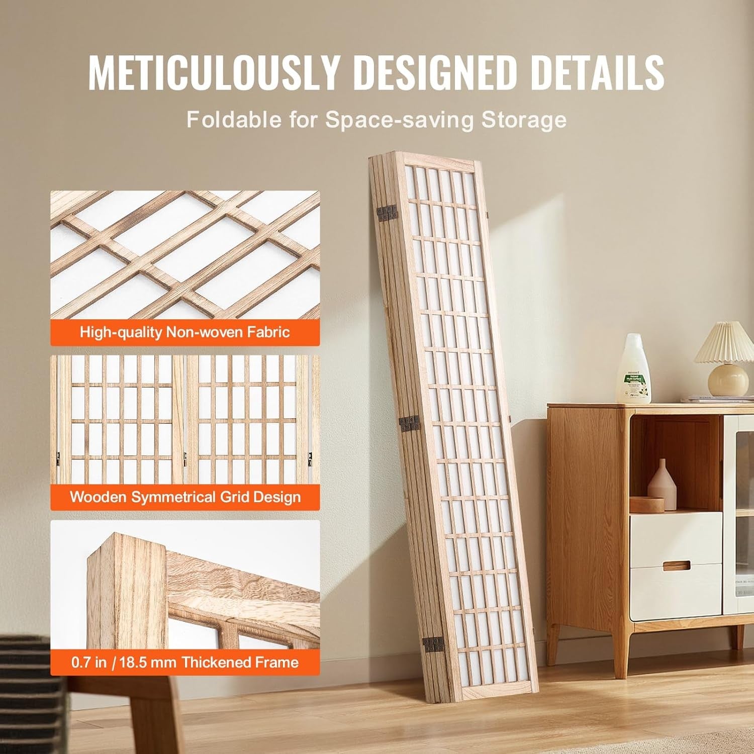 6 Panel Japanese Folding Room Divider Wood Privacy Screen 240x170cm Natural