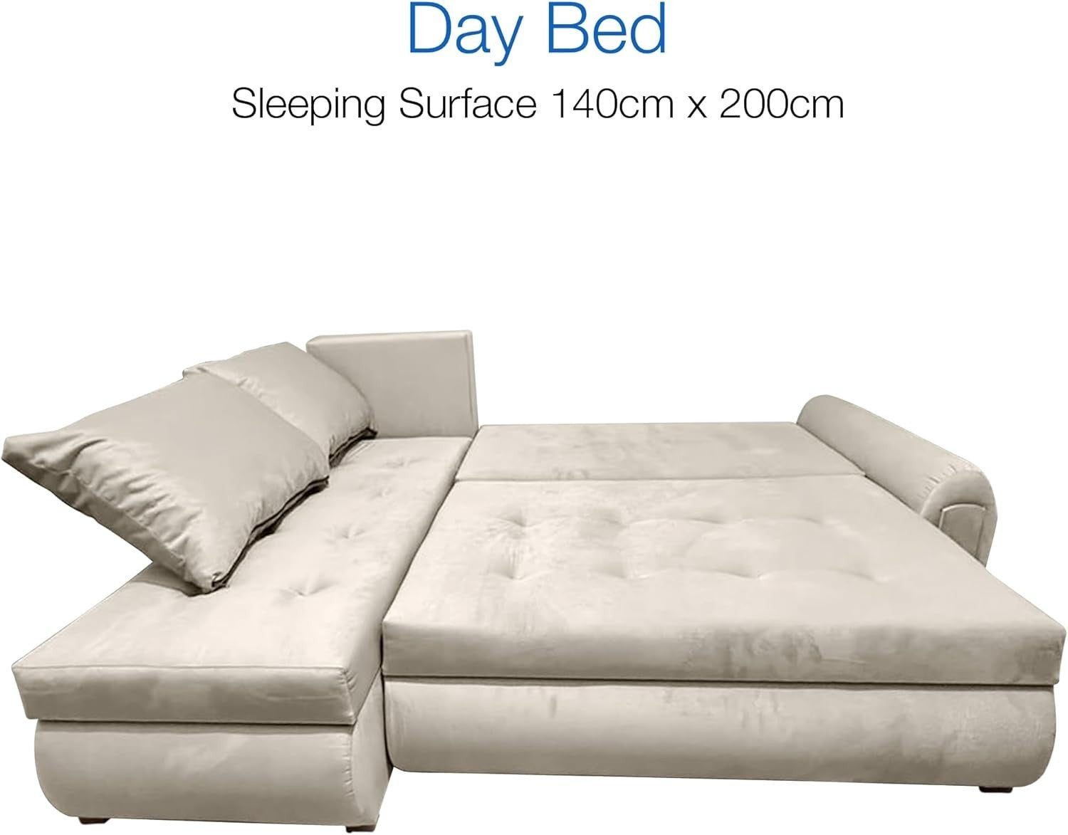 Cream L-Shape Sofa Bed w/ Pull-Out Sleeper & Storage Velvet 4 Seater Couch