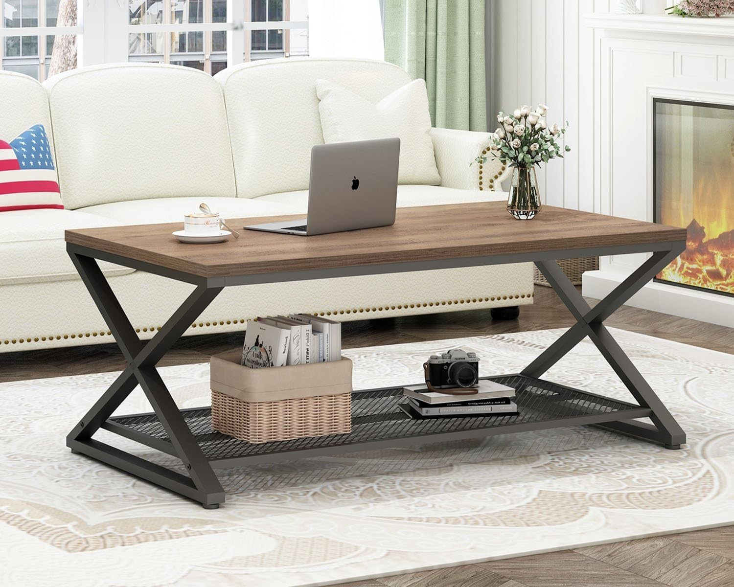 Rustic Oak Industrial Coffee Table with Mesh Shelf – 2 Tier Wooden Living Room