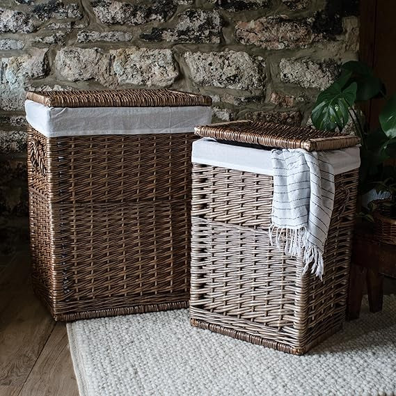 Large Wicker Laundry Basket with Lid & Removable Lining 40×28×60cm Light Grey