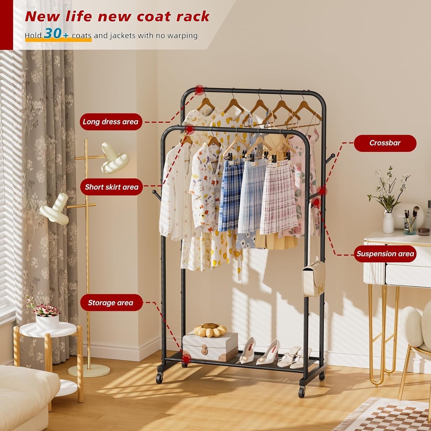 Portable Clothes Rail Black Metal Storage Rack with Wheels, Double Shelf Design