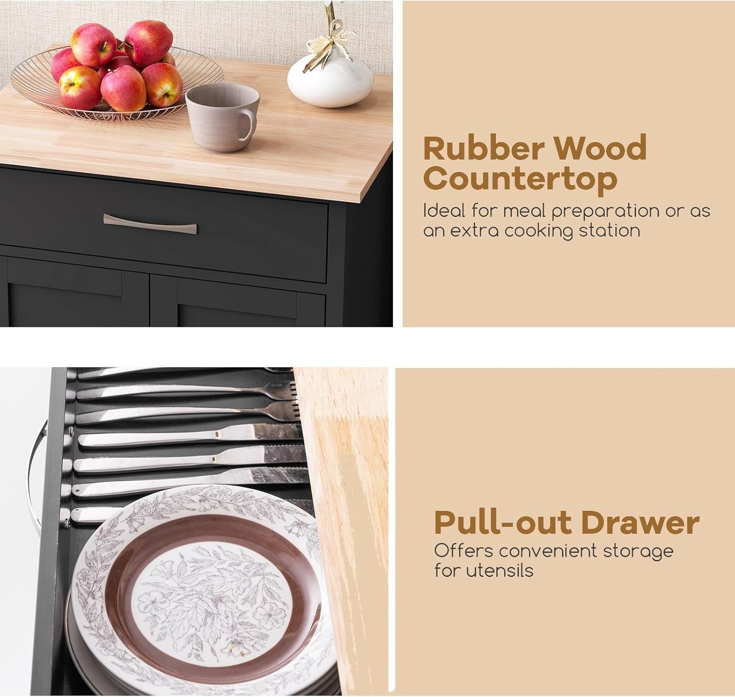 Black Rolling Kitchen Island Cart Rubber Wood Top Cabinet