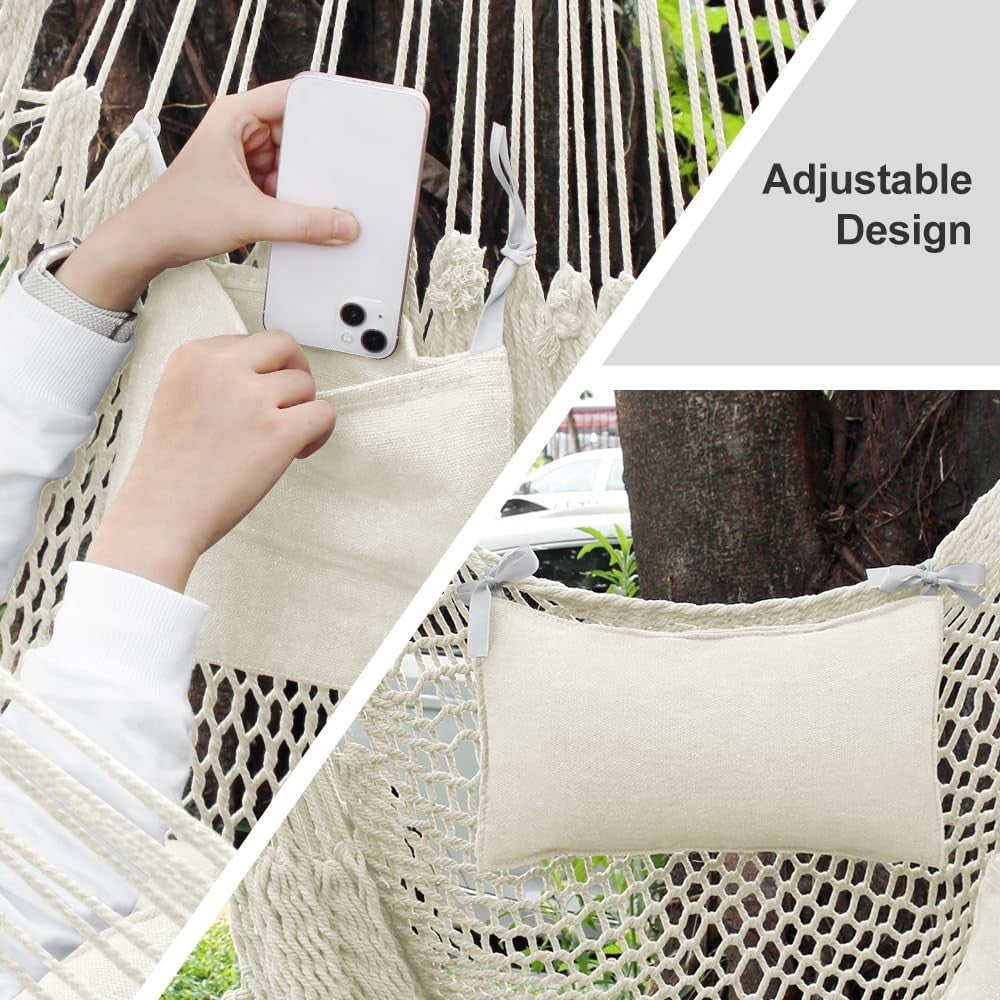 Beige Hammock Chair with Footrest & Cushions – Indoor Outdoor Swing Seat