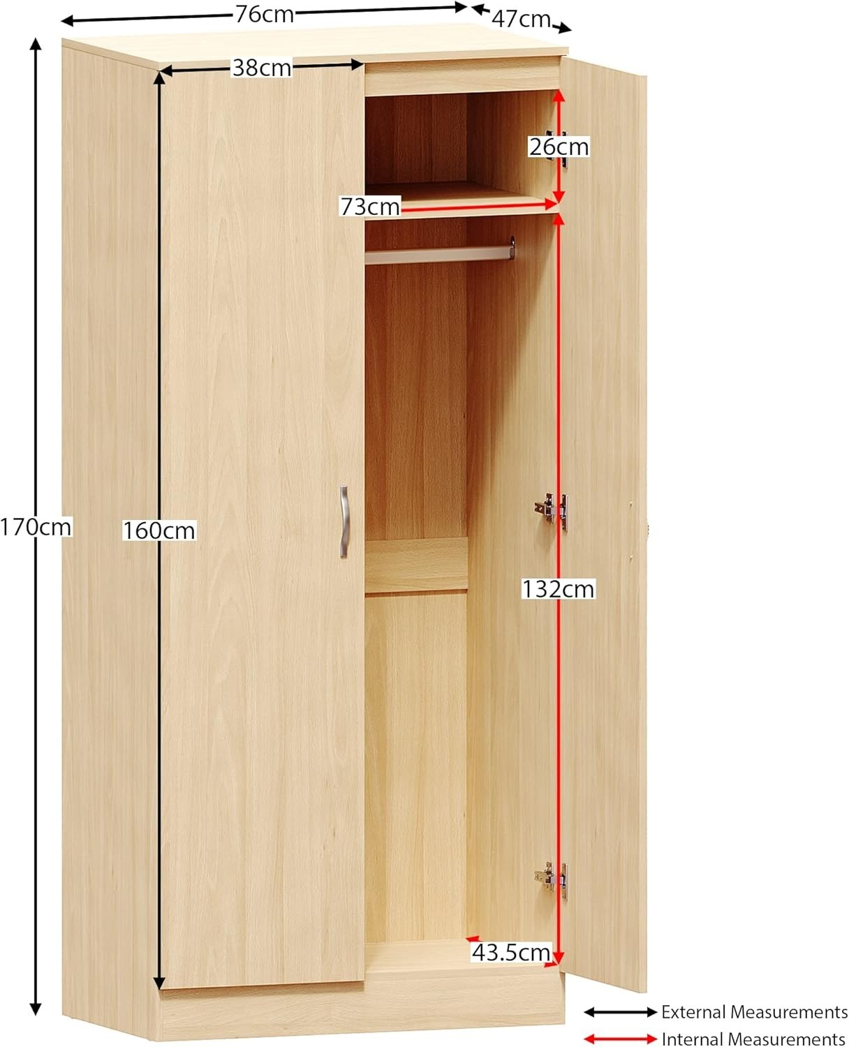 2 Door Pine Wardrobe with Shelf & Hanging Rail, Tall Bedroom Storage
