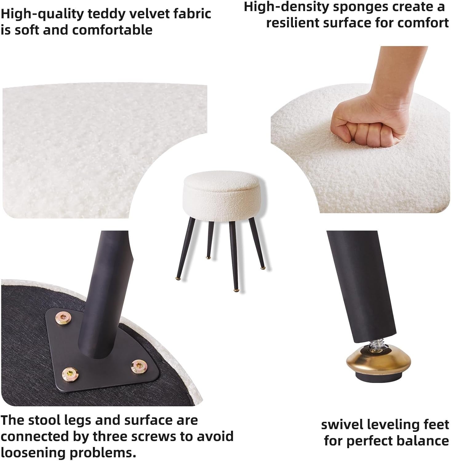 White Round Teddy Fur Stool with Storage – Soft Vanity Ottoman Chair