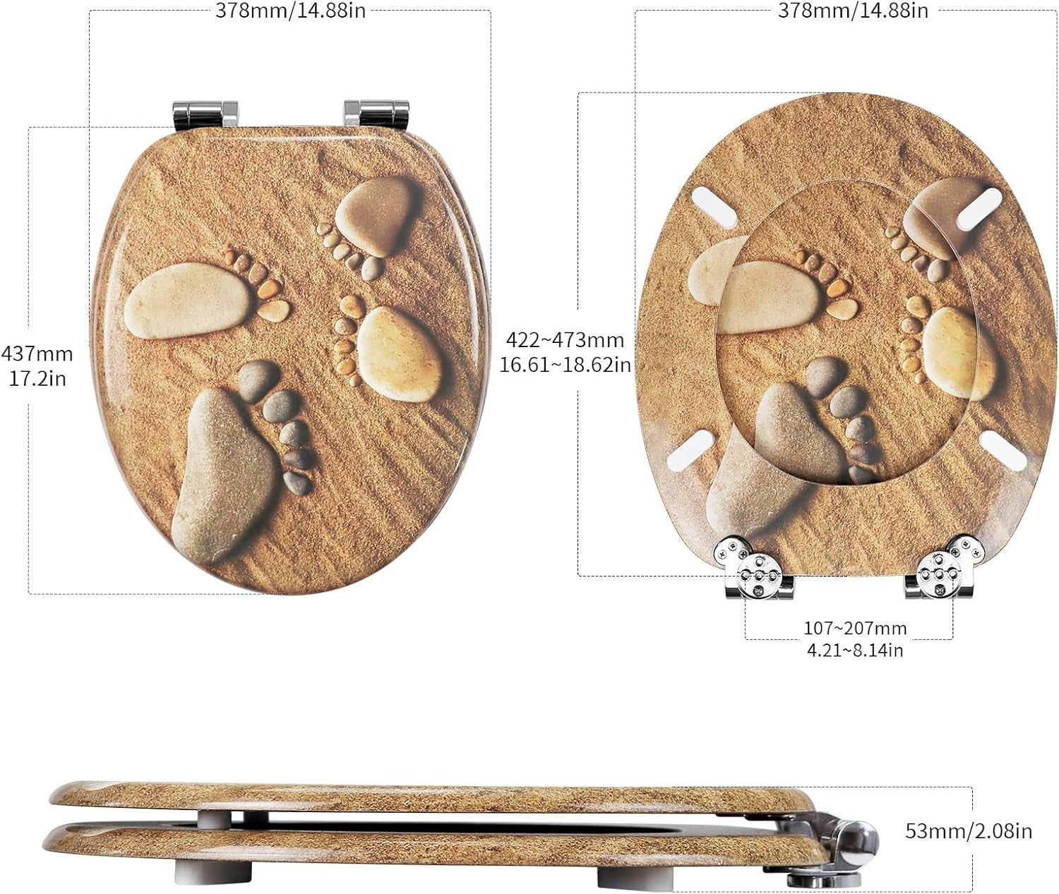 Soft Close Wooden Toilet Seat Durable Adjustable Hinges 43.5x37.5cm