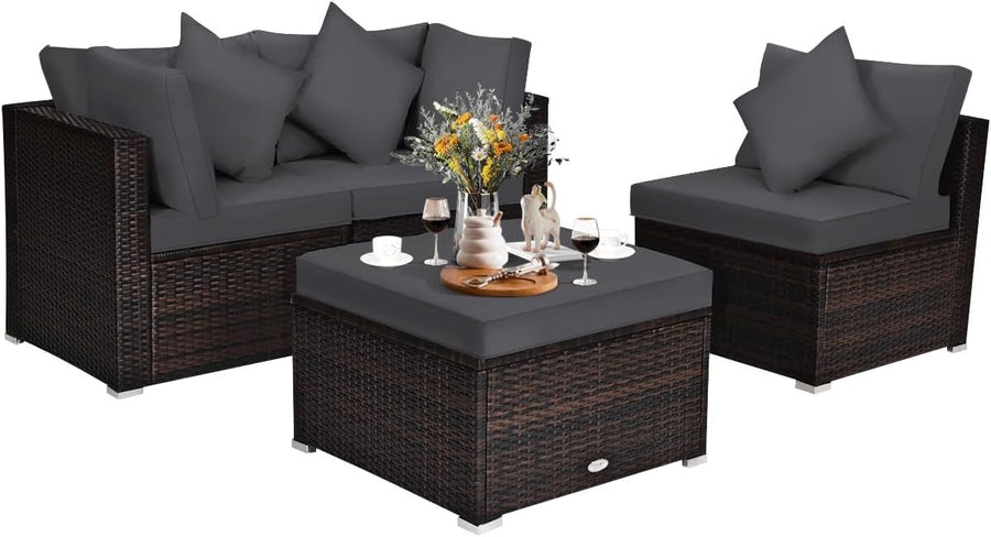 4PC Outdoor Rattan Sofa Set Grey Cushioned Garden Lounge Table Modular