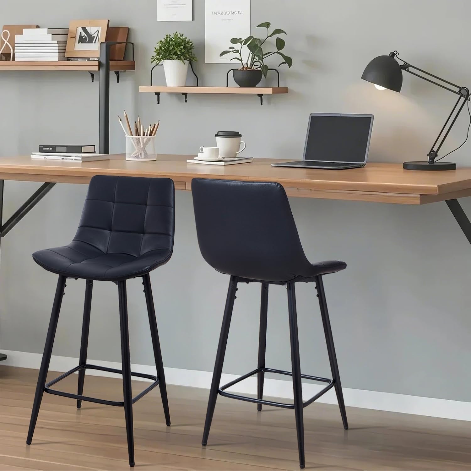 Black Faux Leather Bar Stools Set of 2 – Padded Kitchen Chairs