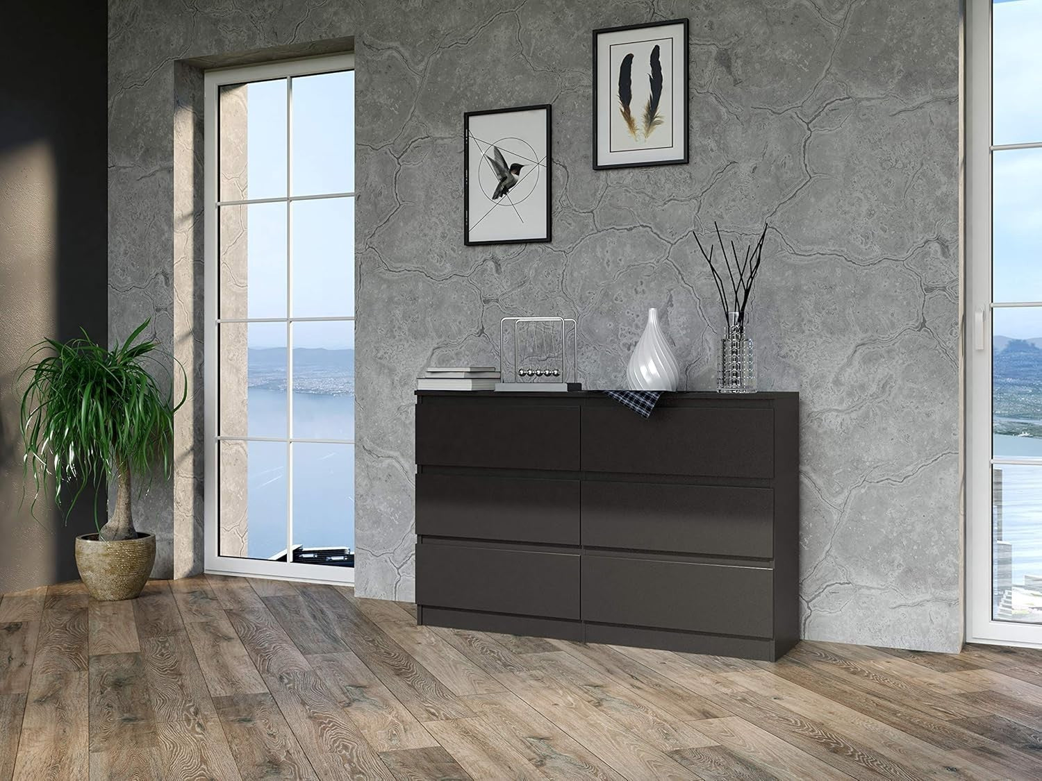 Modern Black 6-Drawer Storage Dresser | Minimalist Home Office & Bedroom Unit