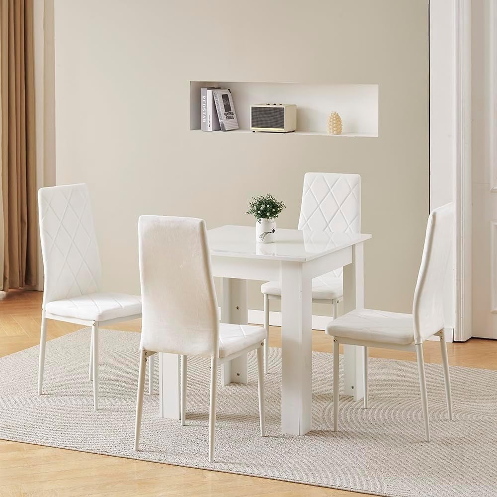 Modern White Square Dining Table & 2 Velvet Chairs - Space Saving Design