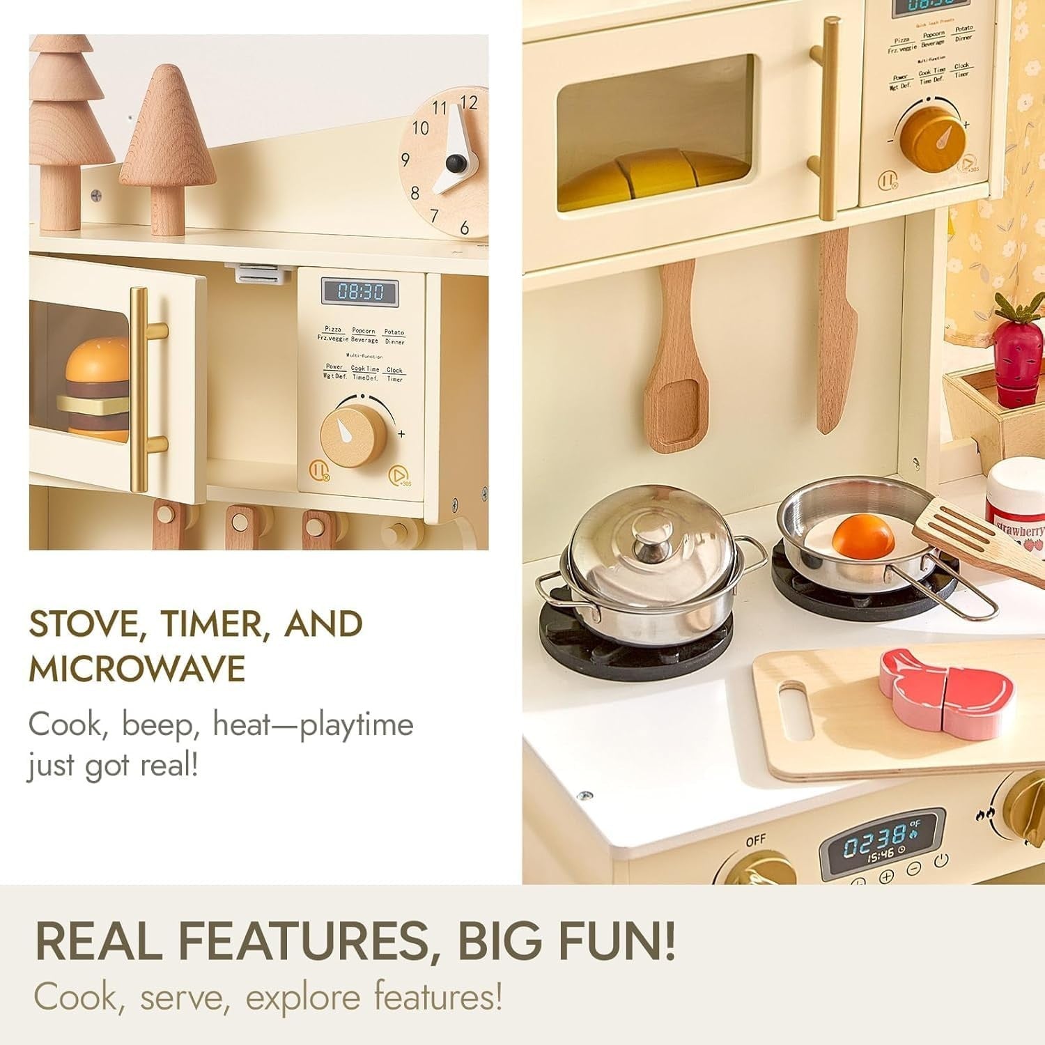 Wooden Kids Play Kitchen w/ Ice Maker Microwave Oven Accessories