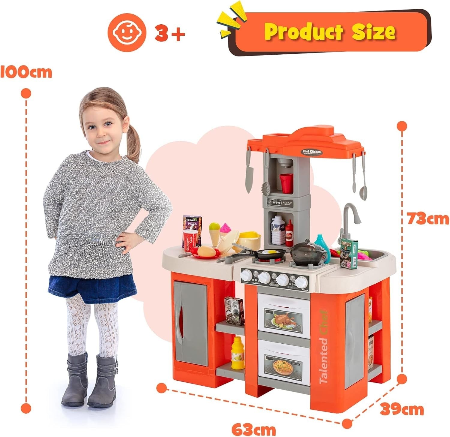 67PCS Kids Play Kitchen Toy Set Lights Sounds Steam Cooking Orange