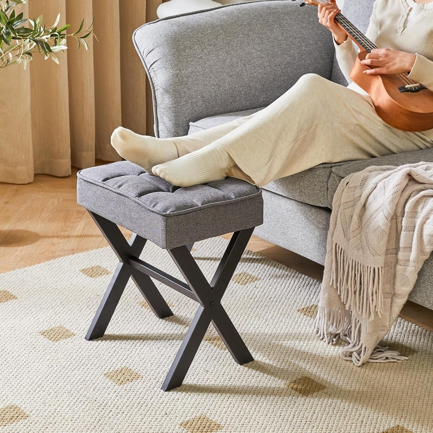 Dark Grey Linen Makeup Stool with X-Leg Base – Square Vanity Footrest