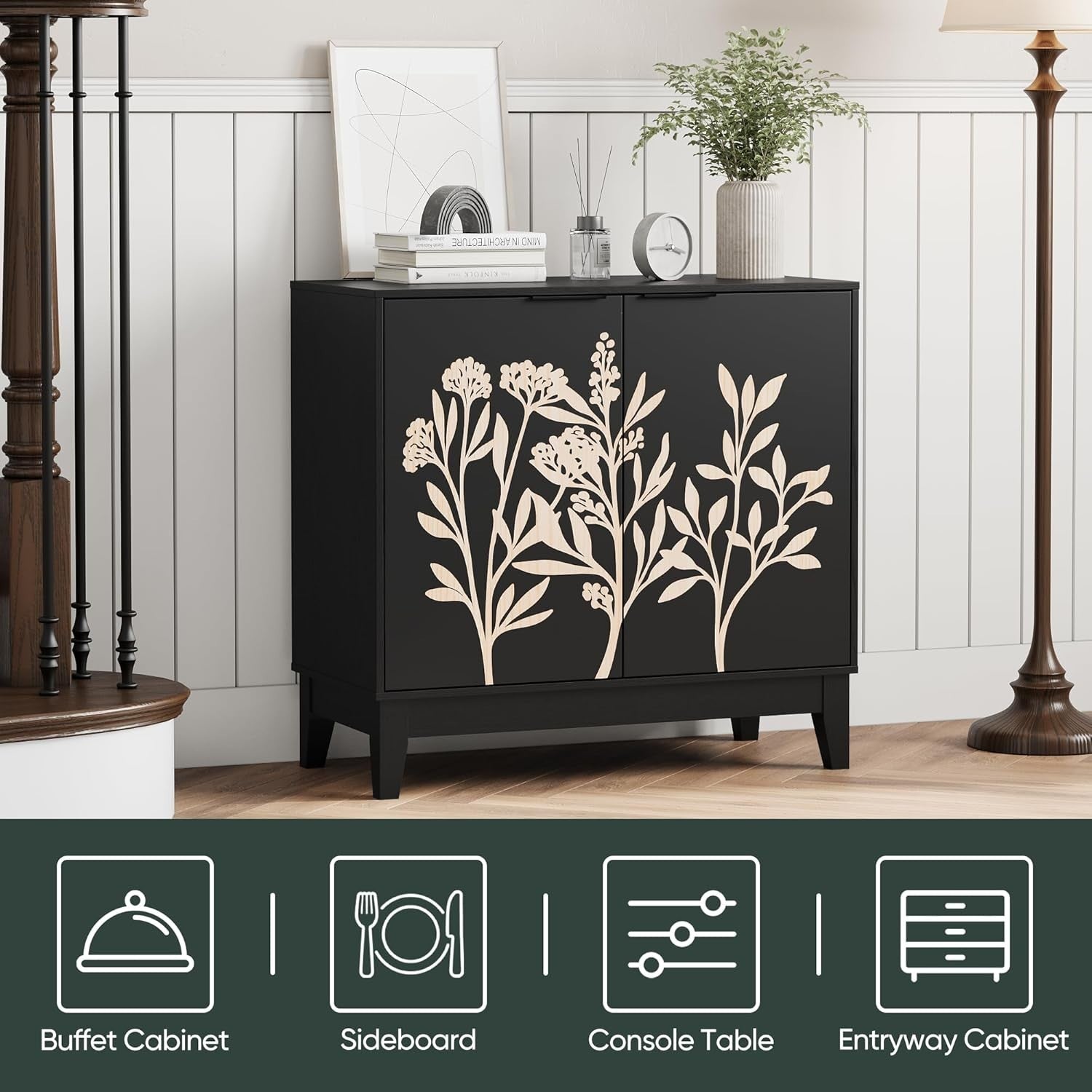 Black Sideboard Cabinet with Floral Carved Doors, Shelves, 80cm Wide