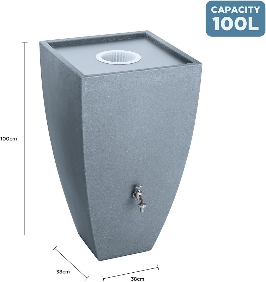 100L Garden Water Butt with Chrome Tap & Connector Kit, Grey Rain Saver