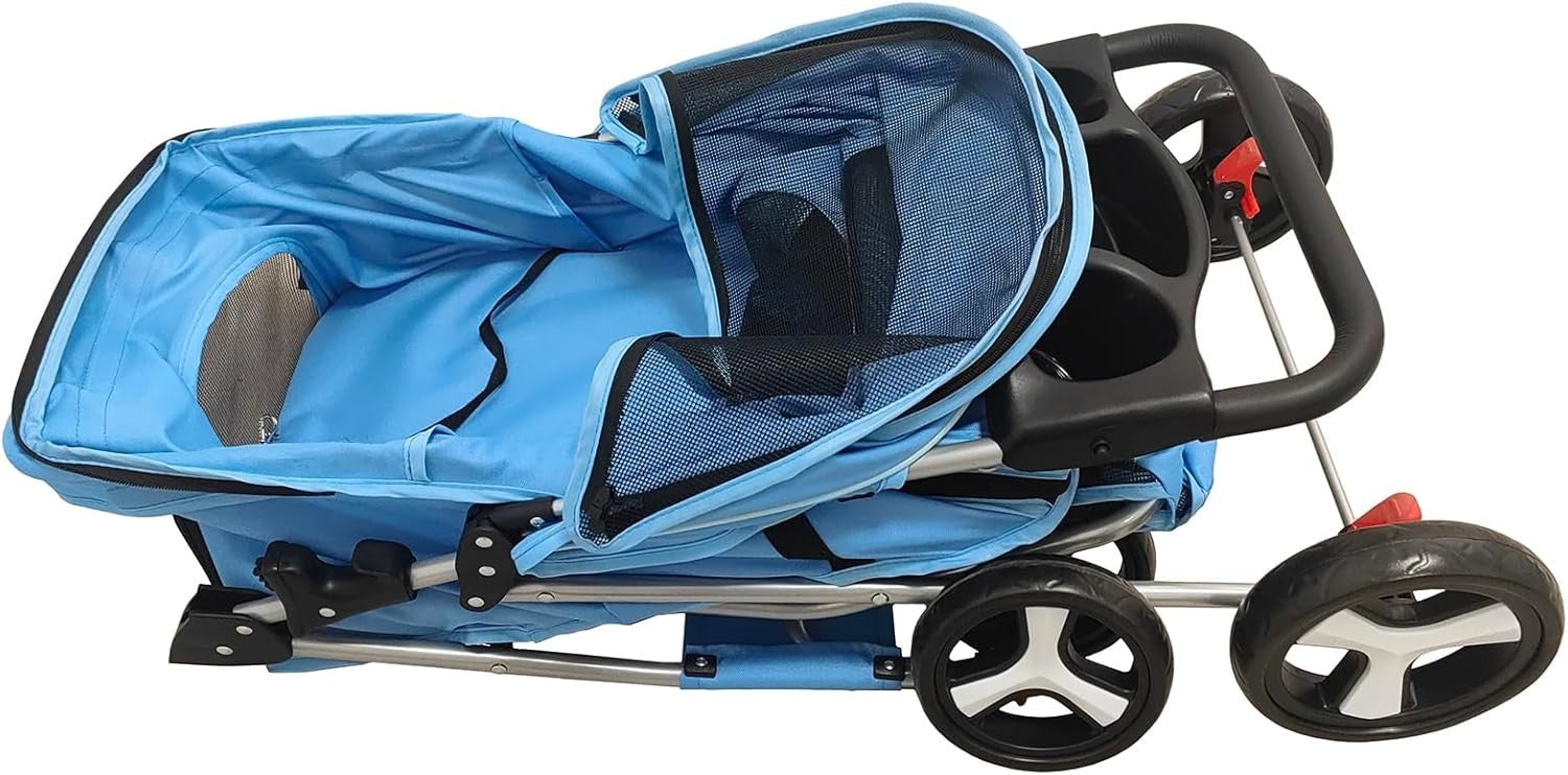 Pet Travel Stroller Dog Cat Pushchair Foldable Swivel Wheels 15kg Blue
