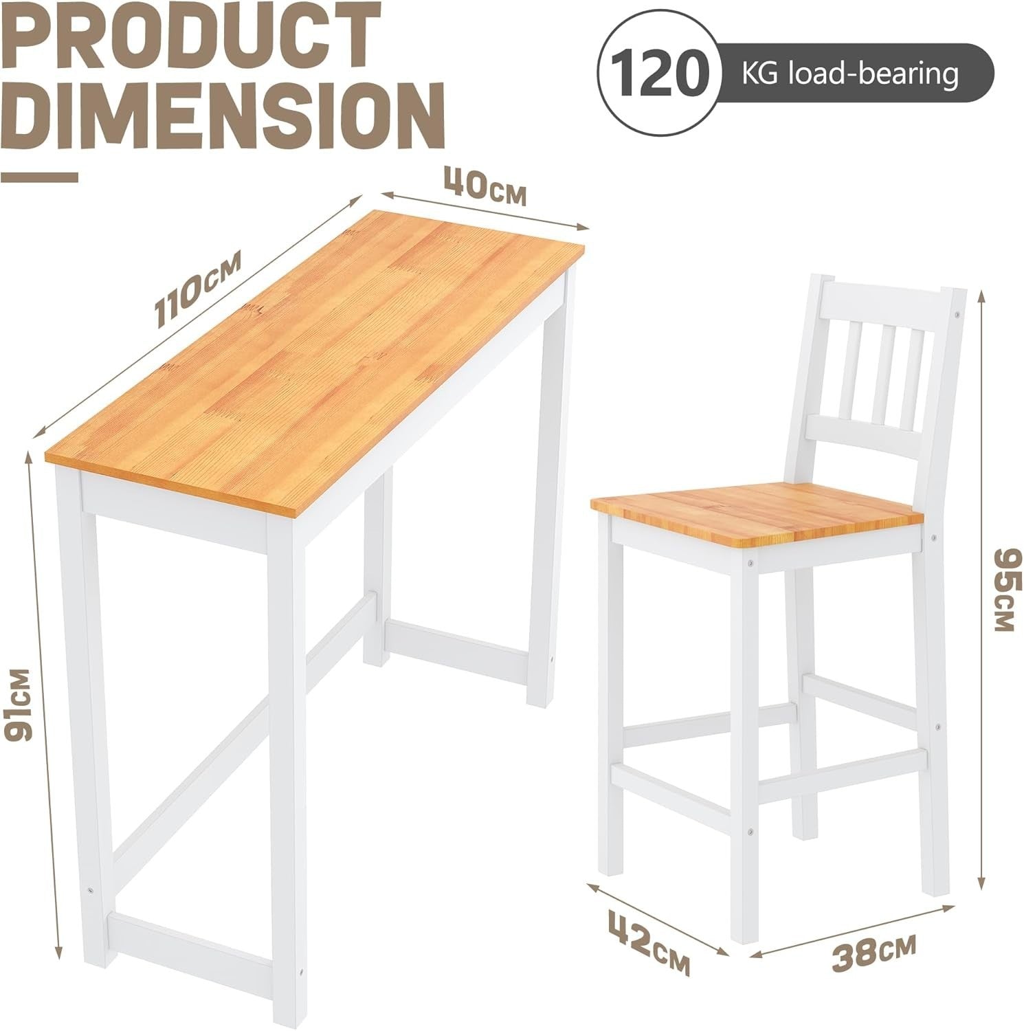 Solid Pine Wood Bar Table & 2 Stools Set | Compact, Rustic, Easy Assembly