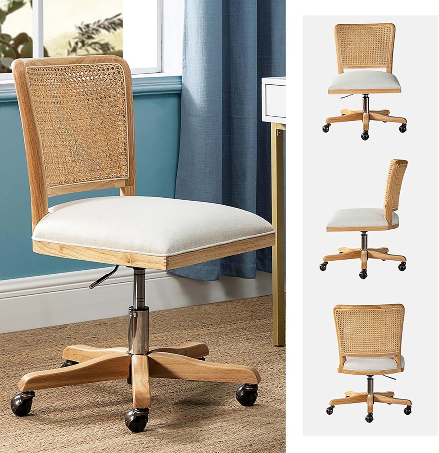 Linen Swivel Office Chair Adjustable Height Upholstered Rattan Desk Seat