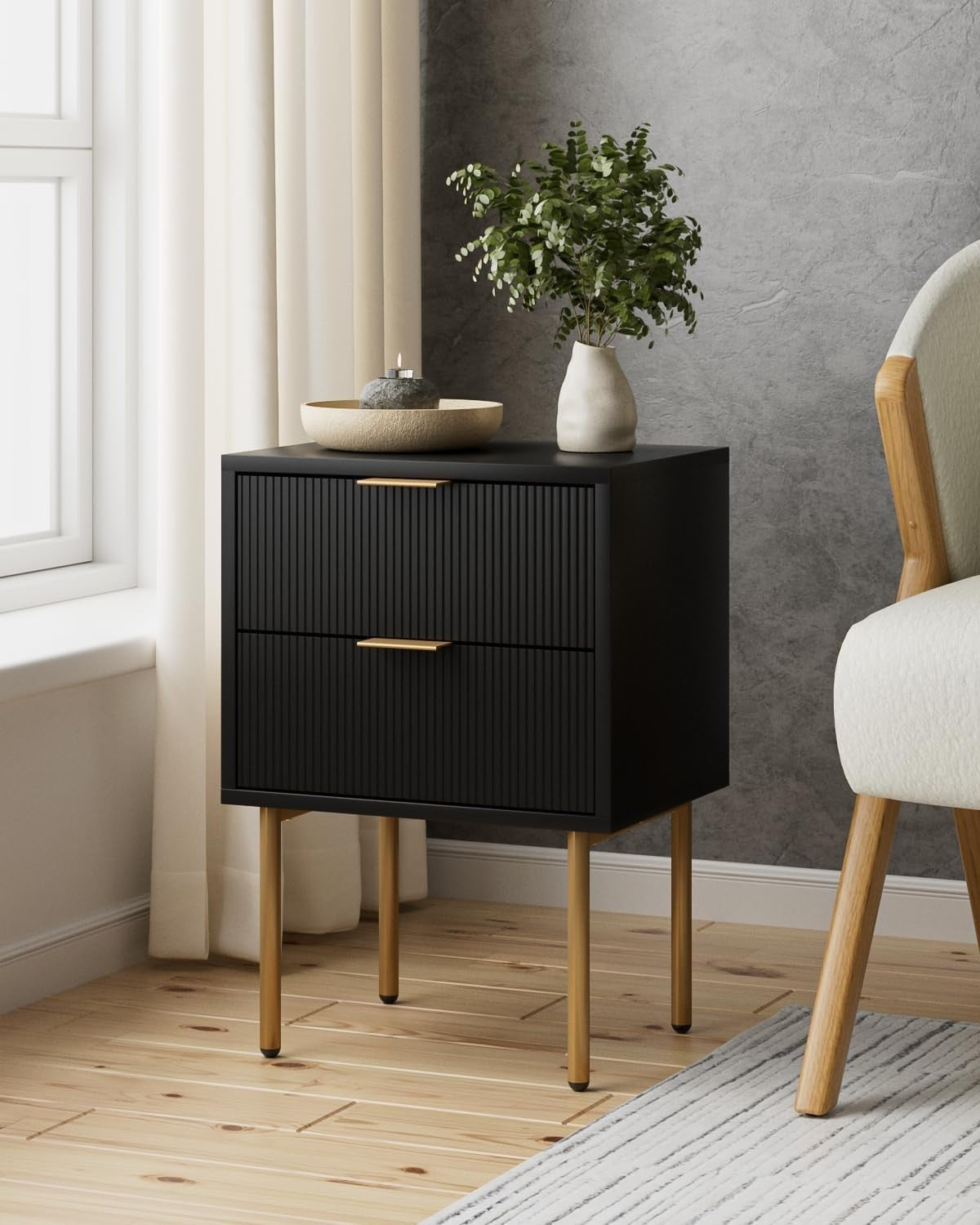 Modern Black Bedside Table with Gold Legs | 2 Drawer Nightstand