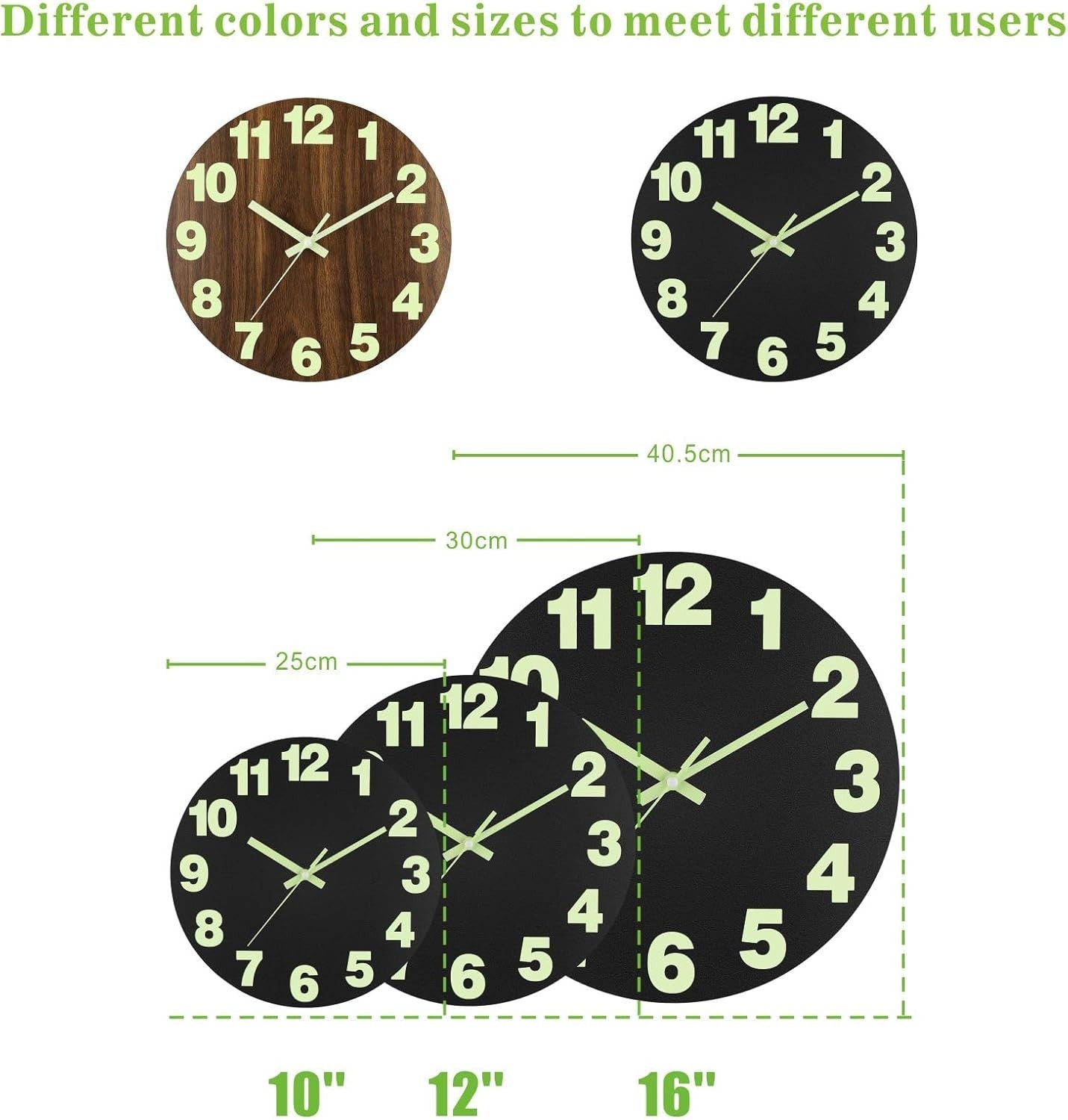 16" Glow-in-Dark LED Wall Clock Silent Quartz Large Luminous Numerals Bedroom