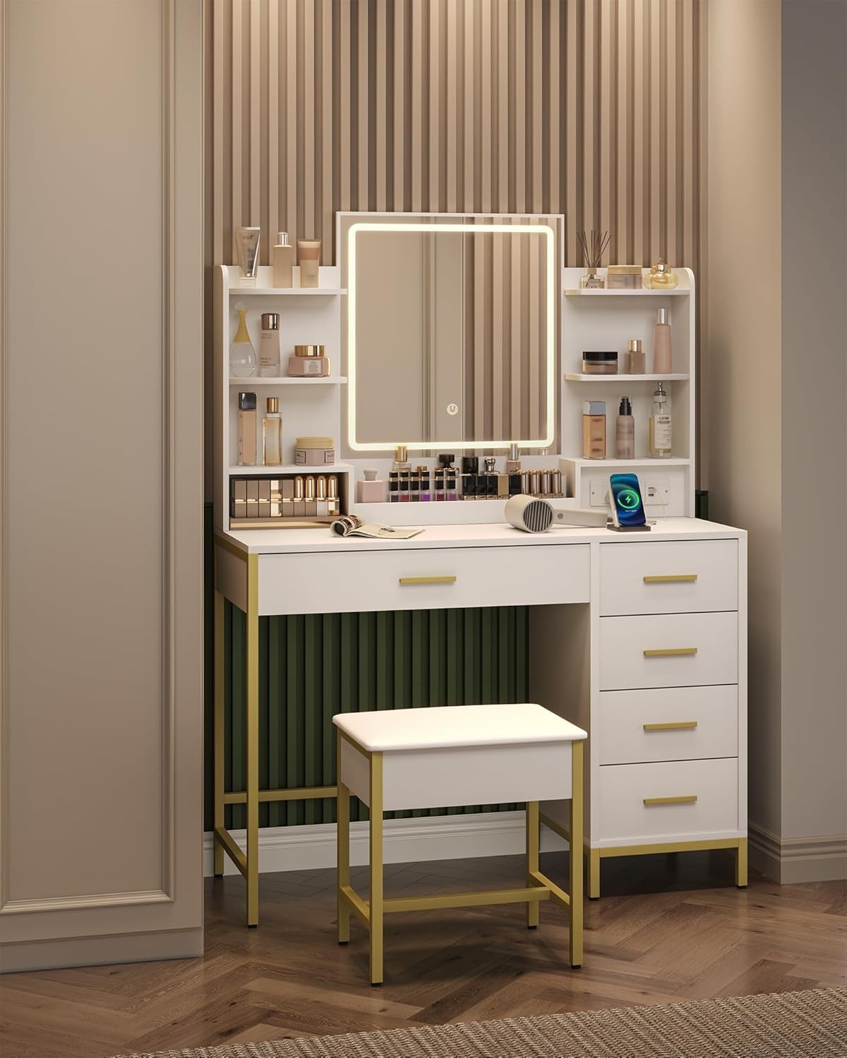 Gold Vanity Dressing Table Set Makeup Desk LED Mirror 5 Drawers Stool White