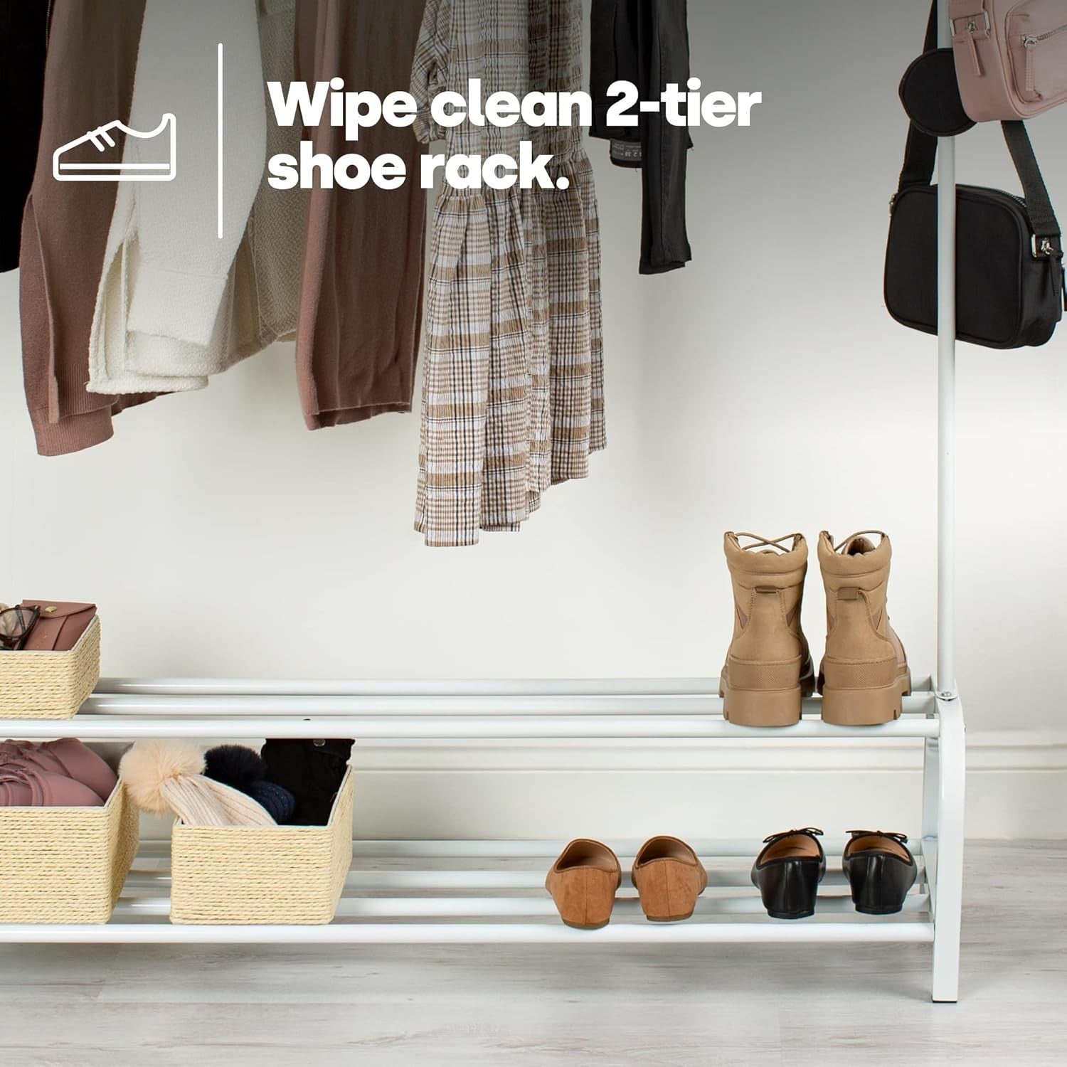 Heavy Duty Clothes Rail with 2-Tier Shoe Shelf & Hooks – White 150cm