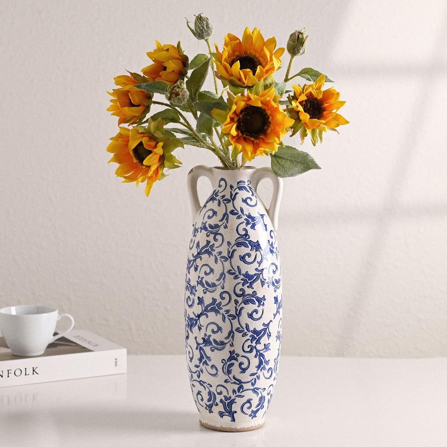 Tall Blue White Ceramic Floor Vase for Pampas Grass Farmhouse Decor 14"