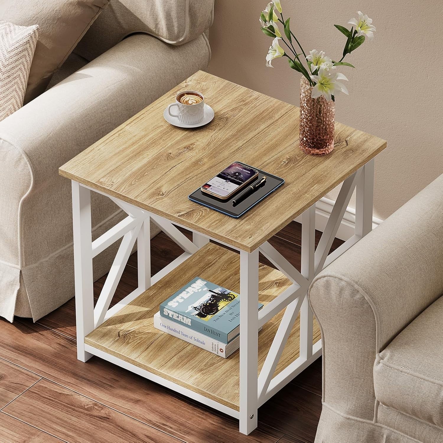 Oak 2-Tier Square Side Table 60x60x60 cm | Large End Table w/ Storage