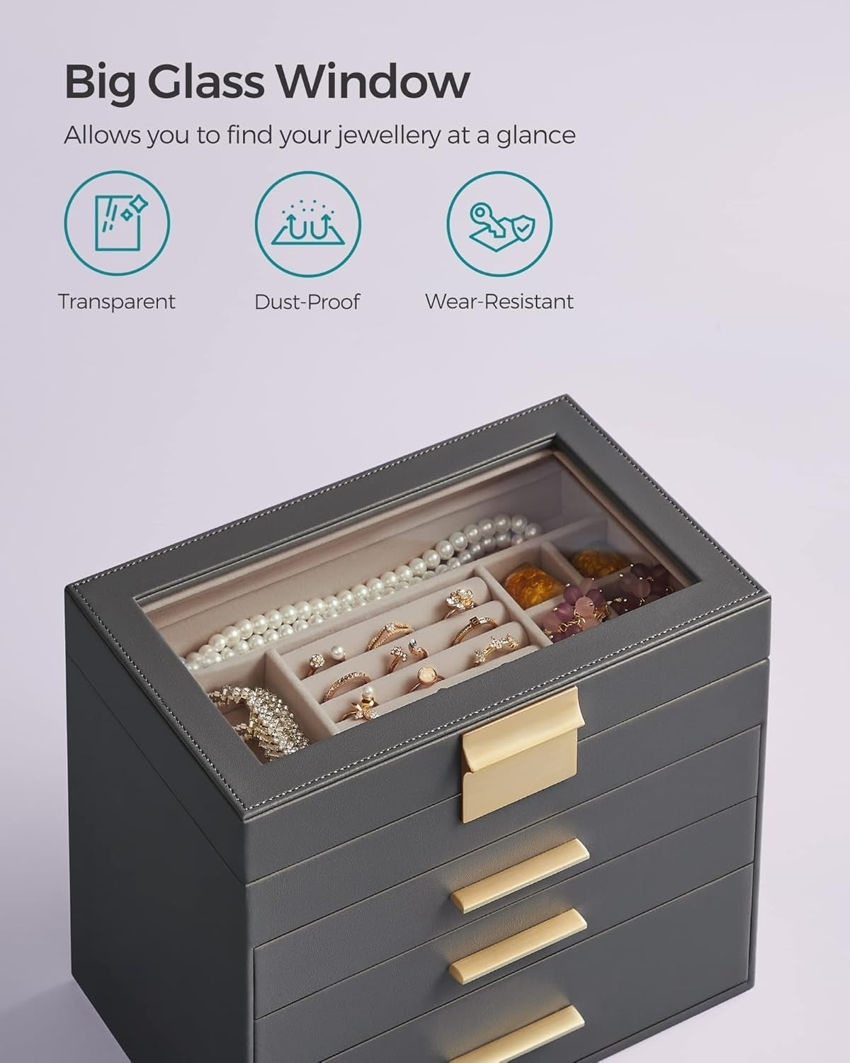 Grey Gold Jewellery Box Glass Lid 4 Layer Organizer with Drawers